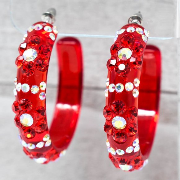 2" Flower Pattern Red Lucite Rhinestone Earrings - Picture 8 of 11